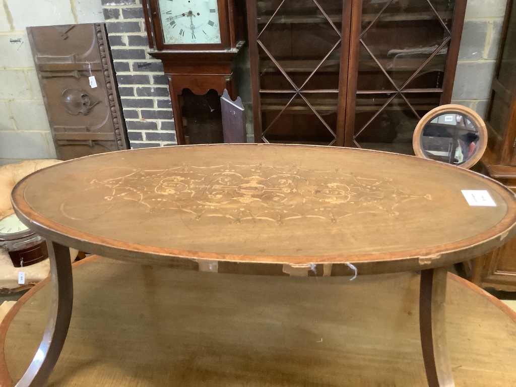 An Edwardian inlaid mahogany two tier etagere, width 89cm